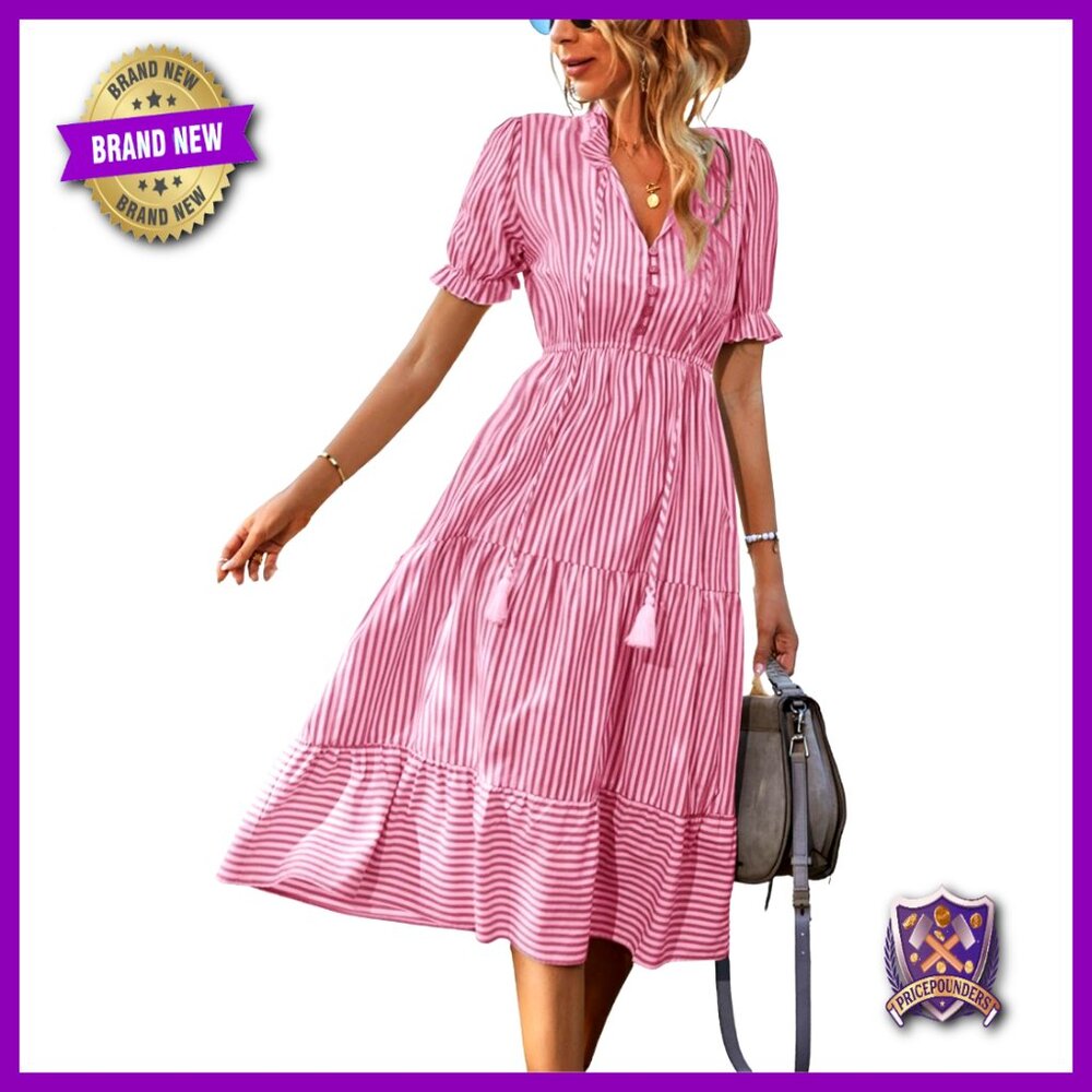 Summer Ruffle Puff Sleeve V Neck Midi Dress Casual Loose Fit Bohemian Chic